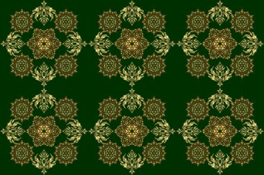 Klasik İspanyol kumaşı süsü. Altın ve yeşil renklerde kusursuz çiçek seramikleri..