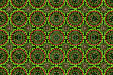 Raster illüstrasyonu. Şam, yeşil ve kırmızı renklerle renksiz çiçek arkaplan deseni.