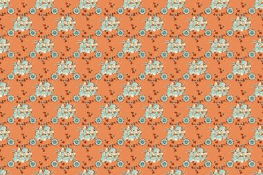 Çiçek izi. Raster unutma beni çiçek desenini tekrarlıyor. Turuncu, bej ve mavi renklerde modern aromalı çiçek desenleri.