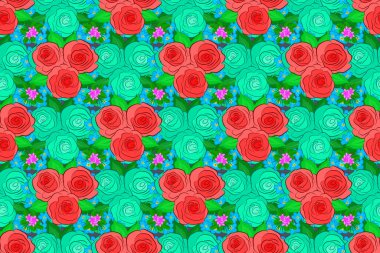 Dekorasyon ve tasarım için güzel, pürüzsüz bir desen. Eski tarz gül çiçekleri olan zarif bir desen. Sulu gül çiçekleri ve gri arka planda yeşil yapraklı moda baskısı