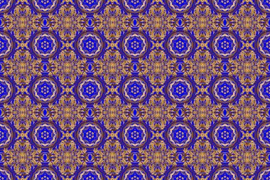 Kusursuz raster altın süsü. Mavi arka planda altın tekrarlayan elementlerle modern geometrik kusursuz desen.