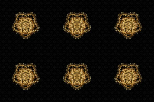 Golden Mandalas Black Background Vintage Raster Decorative Elements Oriental Pattern — Stock Photo, Image