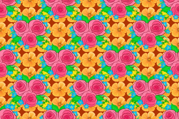 Aquarel Roos Bloemen Groene Bladeren Naadloos Patroon Oranje Roze Gele — Stockfoto