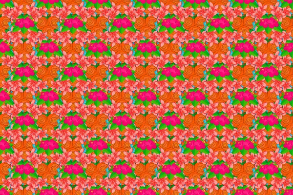 Raster Bloemenprint Roze Groene Oranje Kleuren Schattig Hibiscus Bloemen Patroon — Stockfoto