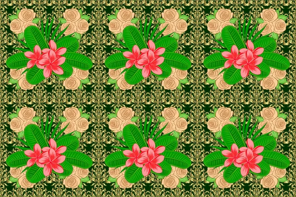 Raster Seamless Floral Pattern Plumeria Flowers Leaves Green Background — Stock Photo, Image