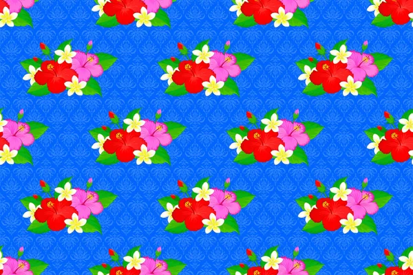 Naadloze Achtergrond Patroon Met Decoratieve Hibiscus Bloemen Bladeren Een Blauwe — Stockfoto