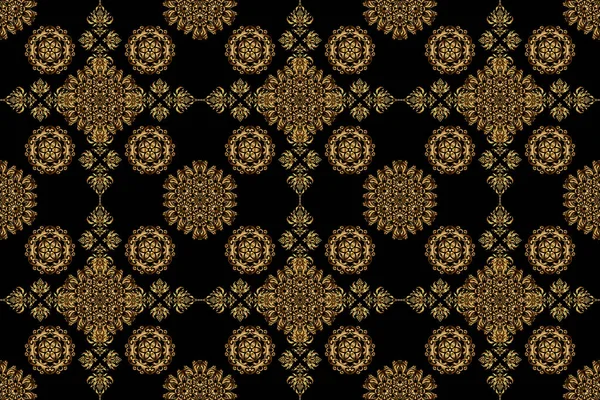 Raster Sketch Gold Ornament Black Background Golden Seamless Pattern — Stock Photo, Image