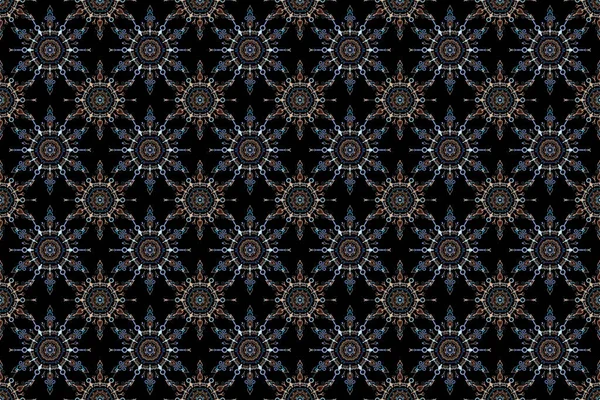 Christmas Stylized Orange Blue Beige Snowflakes Black Background Seamless Repeating — Stock Photo, Image