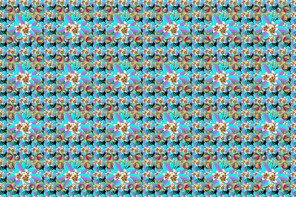 Raster Blommönster Blått Och Grönt Akvarell Sömlös Mönster Randig Bakgrund — Stockfoto