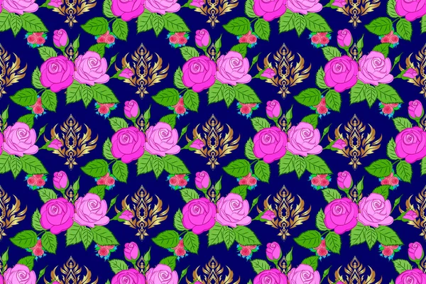 青とピンクの色のラスターフラワープリント かわいいバラの花と緑の葉のパターン 縞模様の水彩シームレスパターン — ストック写真
