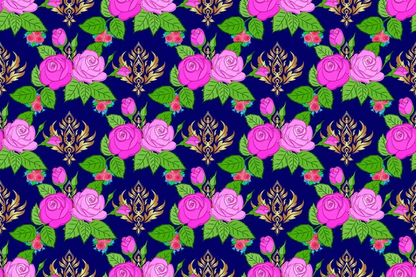 Raster Bloemenprint Blauwe Roze Kleuren Schattige Roos Bloemen Groene Bladeren — Stockfoto