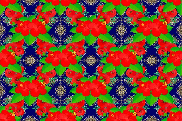 Flores Hibisco Patrón Sin Costuras Colores Rojo Verde Azul Lindo —  Fotos de Stock