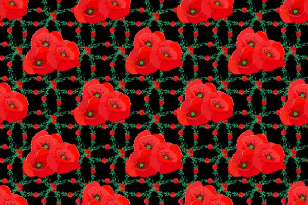 Raster Seamless Background Beautiful Watercolor Poppy Flowers Black Background Bright — Stock Photo, Image