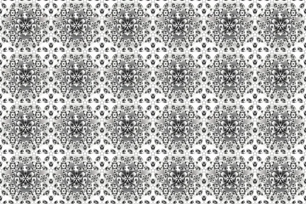 Raster silver elements for vignettes and borders or design template. Seamless pattern in Victorian style on a black, gray and white background. Luxury floral frames and ornate decor.