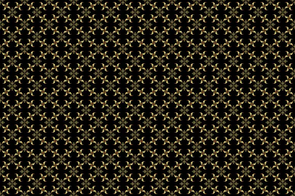 Seamless abstract elements in golden colors on black background. Orient background with golden repeating elements. Damask raster classic golden pattern.