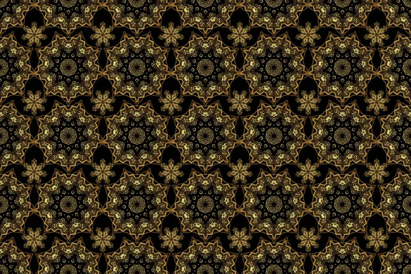 Vintage design with gold ornaments. Abstract raster seamless pattern with golden ornaments on a black backdrop.