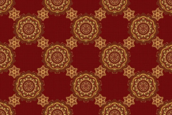 Abstract geometric pattern. Seamless geometric pattern. Geometric background with rhombus and nodes. Golden background. Raster golden texture. Raster seamless pattern on a red background.