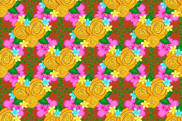 Yellow Orange Green Roses Green Leaves Raster Floral Seamless Pattern — Stock Photo, Image