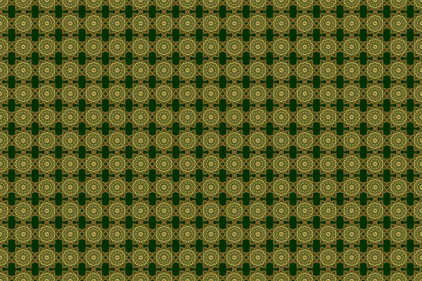 Seamless pattern in Eastern style with floral golden elements. Raster sketch for cards, thank you message, printing. Vintage seamless border and grid for design template on a green background.