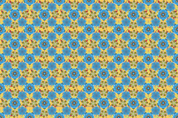Floral wallpaper in yellow, blue and green colors. Traditional oriental seamless paisley pattern. Decorative ornament for fabric, textile, wrapping paper. Raster striped seamless pattern with paisley.