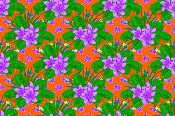 Nahtloses Hintergrundmuster Mit Dekorativen Blüten Und Blättern Auf Orangefarbenem Hintergrund — Stockfoto