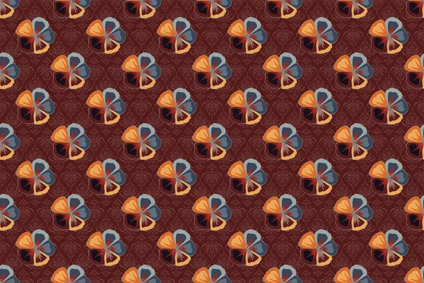 Raster seamless floral pattern with cosmos flowers and leaves in orange, brown and gray colors.