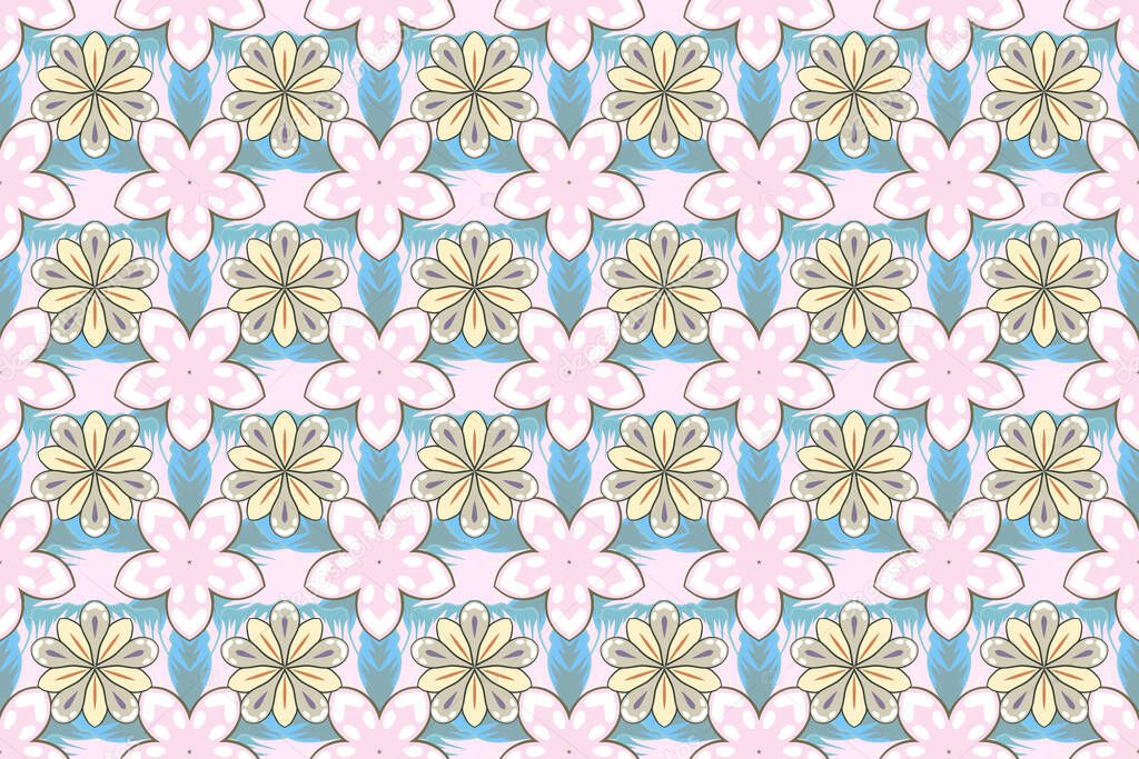Hand-drawn seamless pattern. Raster paisley floral pattern. Many flowers in white, beige and blue colors.