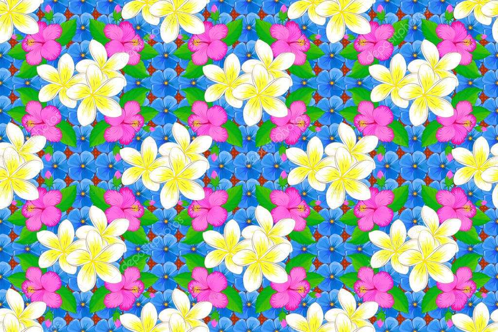 Watercolor floral background. Textile print for bed linen, jacket, package design, fabric and fashion concepts. Raster seamless pattern with plumeria flowers and leaves in blue, white and green colors