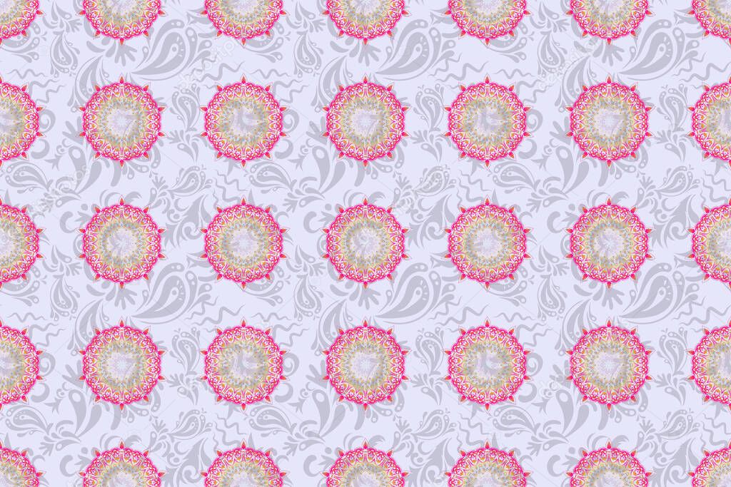 Luxury raster seamless pattern, button-tufted texture, ornate elements in vintage style. Elegant gray, yellow and pink ornament with stylized stars, filigree decor on ornate background.