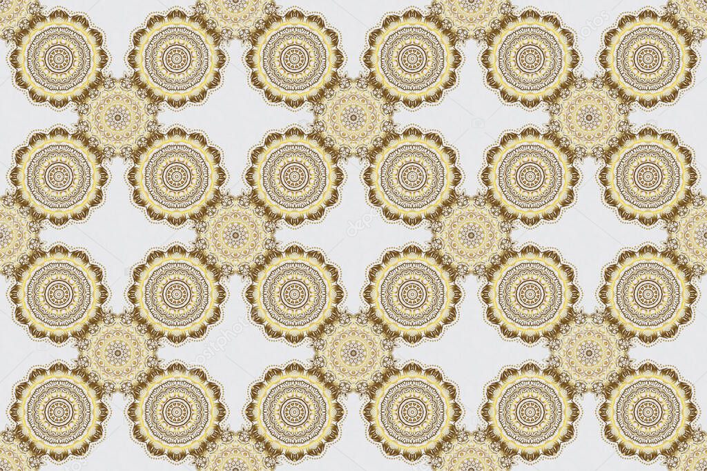 For printing on fabric, scrapbooking, gift wrapping. Raster seamless vintage pattern in gold on gray background.