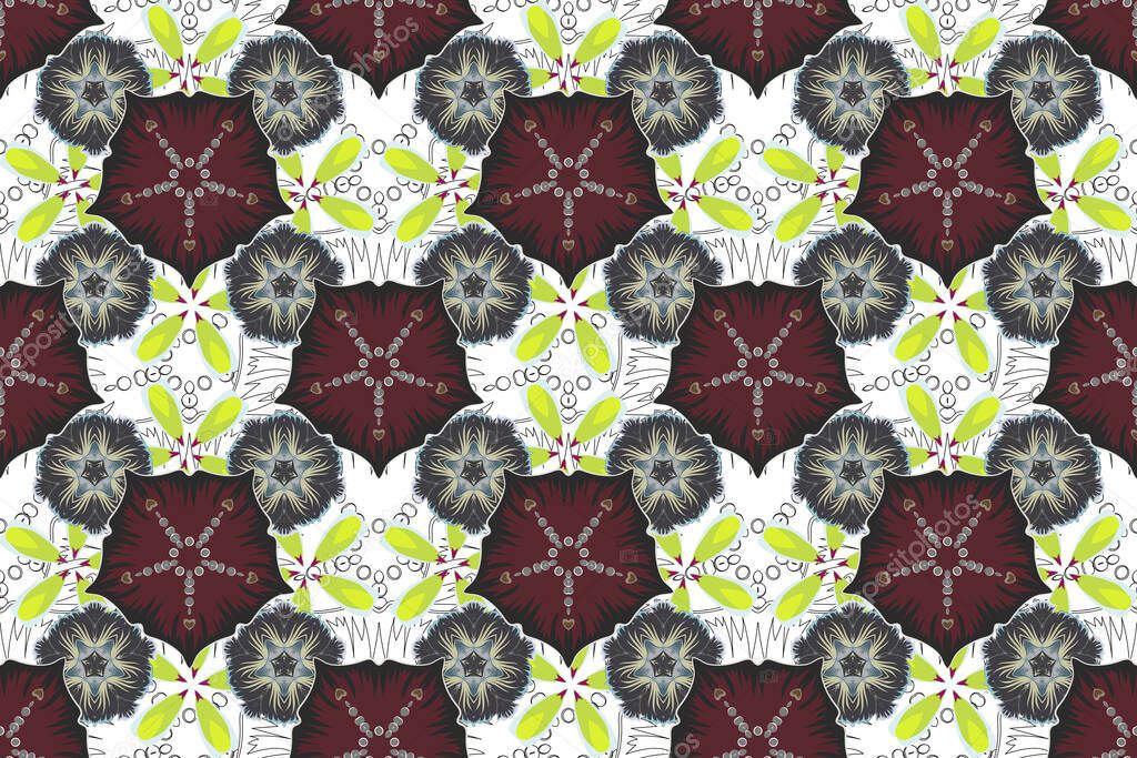 Vintage style. Seamless pattern of abstrat flowers in white, brown and green colors. Stock raster illustration.