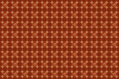 Küçük bir çiçekte hoş, pürüzsüz bir desen. Raster küçük çiçekler. Moda baskıları için zarif bir şablon. Turuncu, kahverengi ve kırmızı renkte küçük bir çiçek..