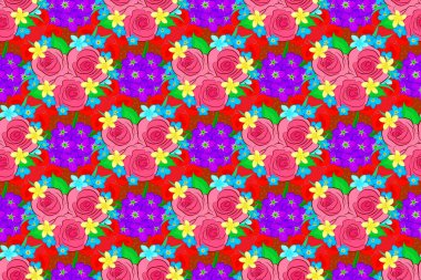 Tarzlı gül çiçekleri ve mor, pembe ve kırmızı renkli yeşil yapraklı kusursuz çiçek deseni. Raster illüstrasyonu.