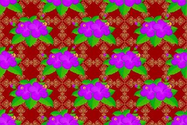 El yazısı raster amber çiçekleri, pullar, anahtarlar. Kırmızı arkaplanda klasik dikişsiz desen.