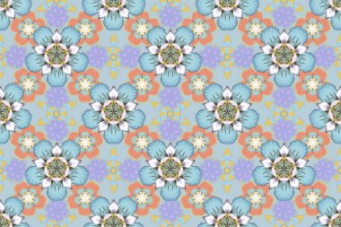 Mavi, kahverengi ve turuncu renklerde tropikal yaprakları ve çiçekleri olan pürüzsüz arkaplan deseni.