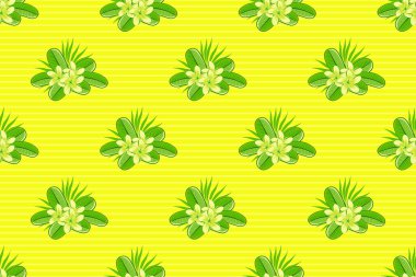 Raster illüstrasyonu. Dekoratif tesisat çiçekleri tekrar eden desenler. Sarı ve yeşil renklerde çiçek motifleri olan soyut zarafet deseni.