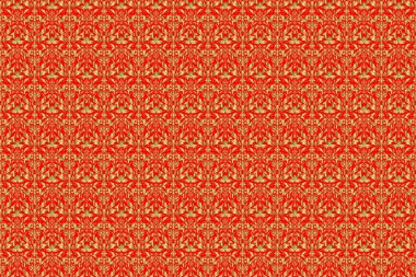 Klasik oryantal raster modeli. Kırmızı arka planda altın tekrarlayan elementlerle kusursuz soyut desen. Kırmızı ve altın desenli.