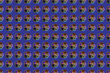 Soyut raster arka planı. Kozmos çiçekli şık duvar kağıtları. Çiçeksiz desenli, çiçek açan kozmos çiçekleri ve yaprakları mor, mavi ve yeşil renklerde..