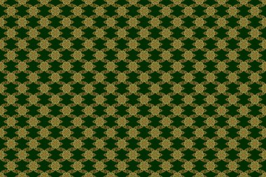 Yeşil zemin üzerinde kusursuz altın elementler. Kutlama kartlarını süslemek için alet çantası. Parlayan ışıklarla yeşil arka planda altın parıltılı süsler..