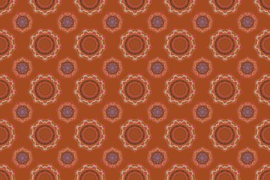 Kahverengi arka planda, çok renkli eski süslemeli, pürüzsüz bir desen..