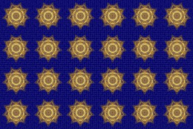 Raster soyut stilize edilmiş altın mandala. Mavi arkaplanlı Karmaşık Altın Arabesk.