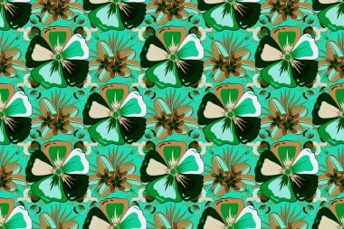 Mavi, yeşil ve sarı renklerde, sevimli kozmos çiçekleriyle kusursuz raster deseni. Çiçek arka planı.