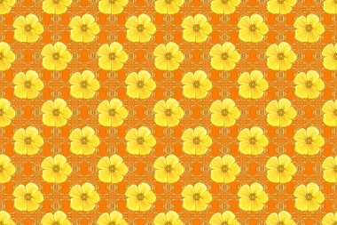 Dekoratif kozmos çiçekleri ve turuncu arka planda yaprakları olan kusursuz bir arka plan. Raster illüstrasyonu.