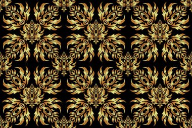 El yapımı, siyah arka planda altın elementler. Klasik dikişsiz çiçek deseni. Kumaş, tekstil, iç dekorasyon.