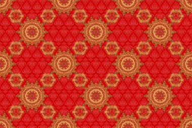 Kırmızı zemin üzerinde altın süslemeler bulunan soyut, pürüzsüz bir desen. Altın süslemeli klasik tasarım.