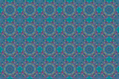 Raster illüstrasyonu. Basit, pürüzsüz desen. Mavi arka planda çok renkli yıldızlar. Klasik süs.