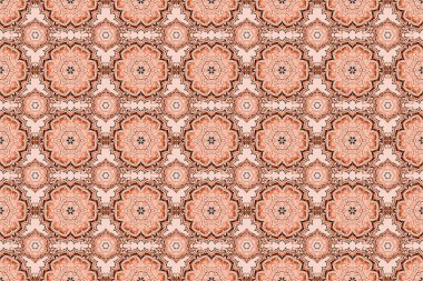 Güzel kırmızı, pembe ve bej el yapımı, dikişsiz raster çizimi. Çiçek ve Mandala elementleriyle kusursuz bir desen..