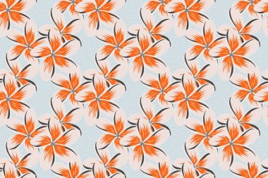 Raster pürüzsüz arkaplan deseni stilize plumeria çiçekleri ve yaprakları turuncu, bej ve gri renklerde..