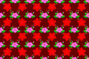 Soyut raster dikişsiz çiçek tasarımı. Kırmızı arka planda değişken, pürüzsüz bir desen. Tekstil baskısı, çarşaf, ceket, paket tasarımı, kumaş ve moda kavramları için çiçek deseni.