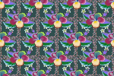 Çiçeksiz desenli, parlak yaz çiçekleri. Romantik tasarım, dekorasyon, tebrik kartları, posterler, davetiyeler, reklamlar, tekstil baskısı ve kumaş için bitmez tükenmez raster dokusu.